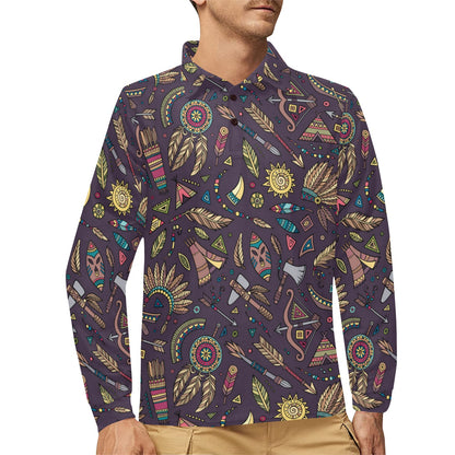 Tribal native american Aztec Long Sleeve Polo Shirt For Men's