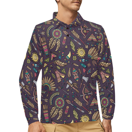 Tribal native american Aztec Long Sleeve Polo Shirt For Men's