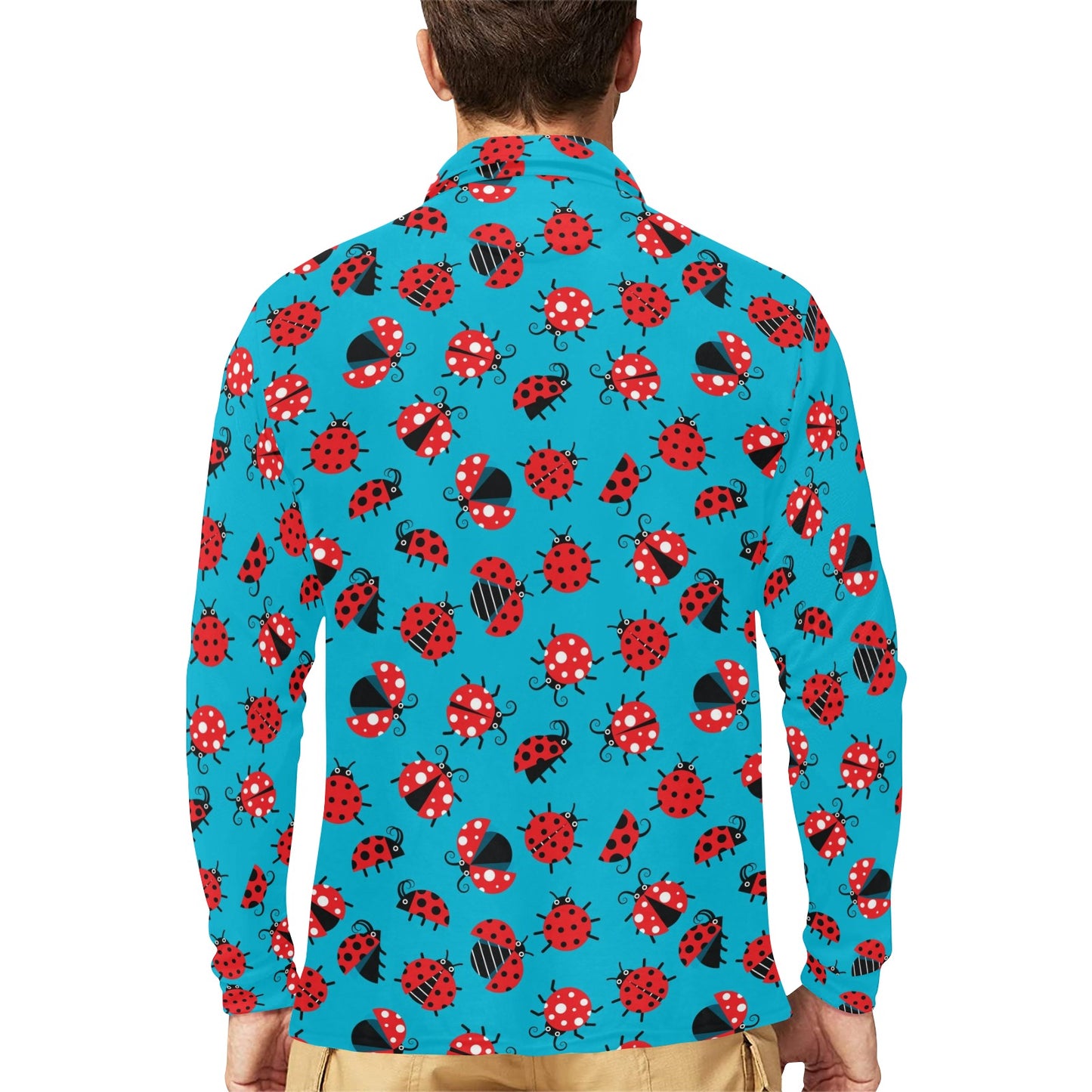 Ladybug Action Print Pattern Long Sleeve Polo Shirt For Men's