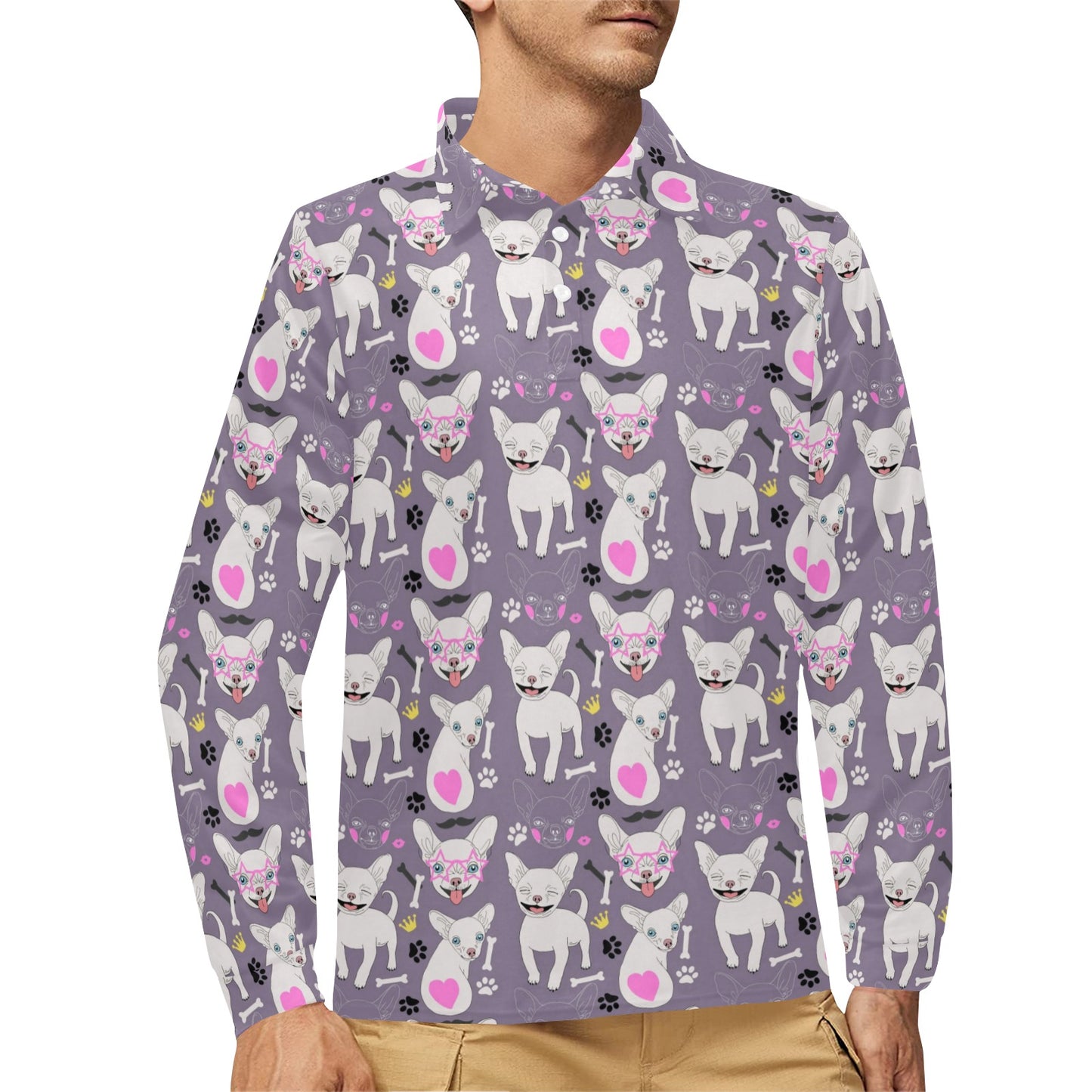 Chihuahua Happy Pattern Long Sleeve Polo Shirt For Men's