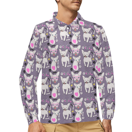 Chihuahua Happy Pattern Long Sleeve Polo Shirt For Men's