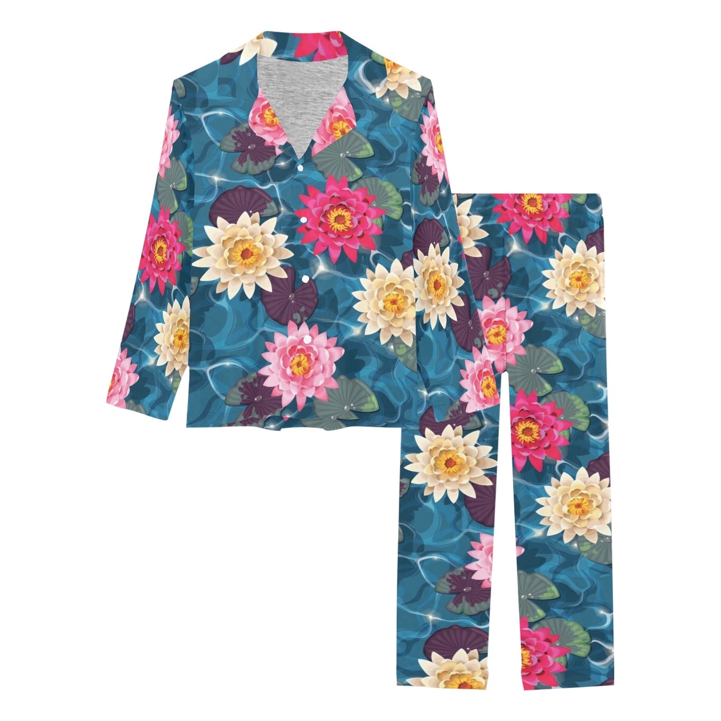 Water Lily Pattern Print Design WL05 Women's Long Pajama Set