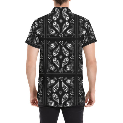 Bandana Paisley Black Print Design LKS308 Men Short Sleeve Button Up Shirt