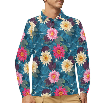 Water Lily Pattern Print Design WL05 Long Sleeve Polo Shirt For Men's