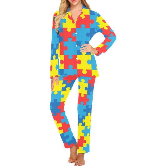 Autism Awareness Puzzles Design Print Women's Long Pajama Set