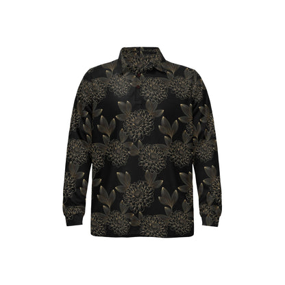 Dahlia Pattern Print Design DH04 Long Sleeve Polo Shirt For Men's