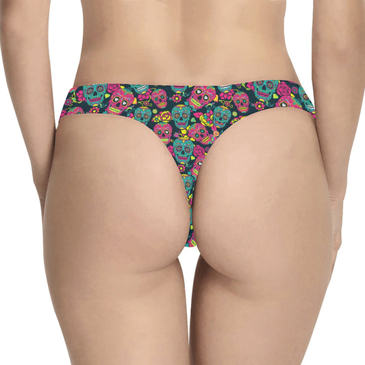 Sugar Skull Floral Design Themed Print Women's Thongs