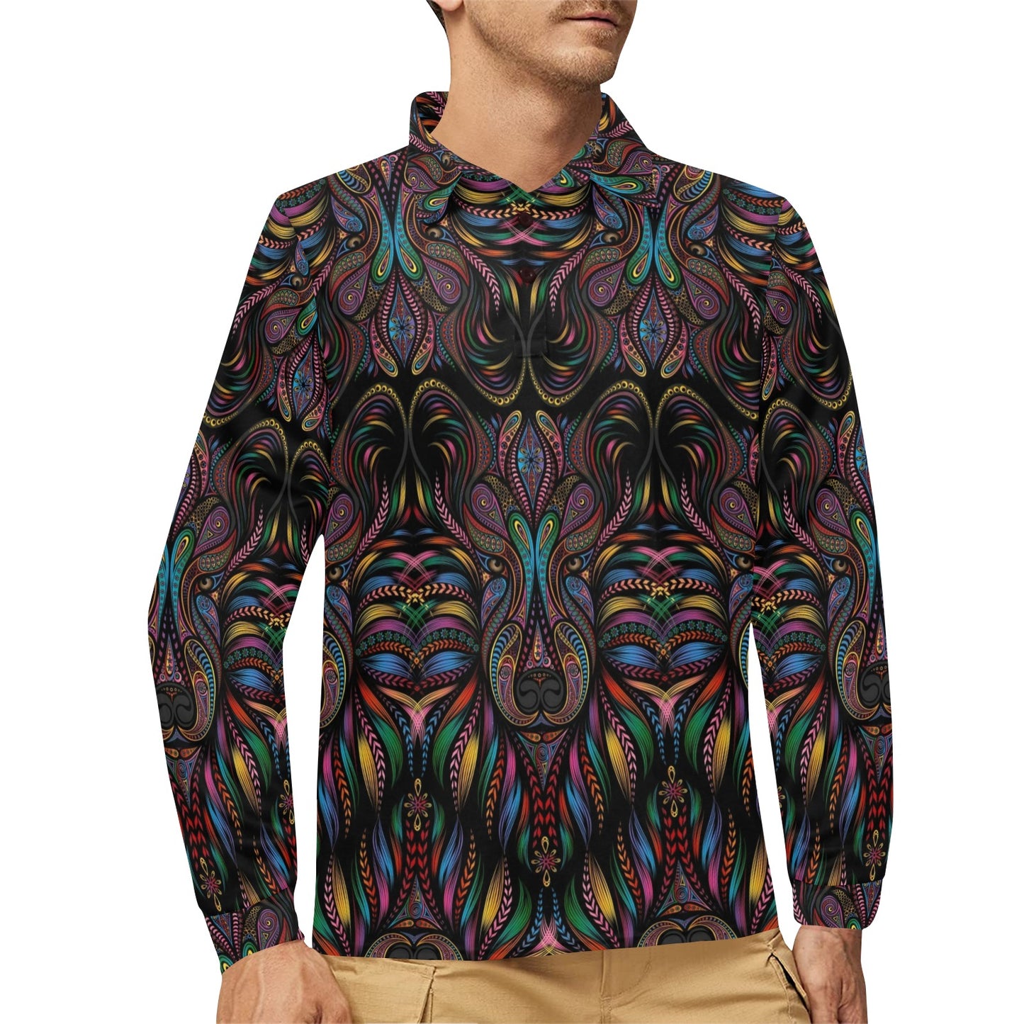 Colorful Art Wolf Long Sleeve Polo Shirt For Men's
