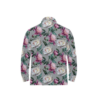 Peony Pattern Print Design PE01 Long Sleeve Polo Shirt For Men's