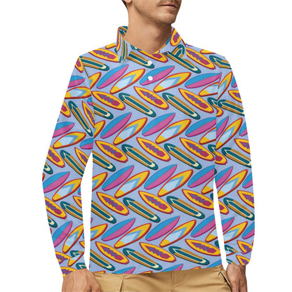 Surfboard Pattern Print Design LKS303 Long Sleeve Polo Shirt For Men's