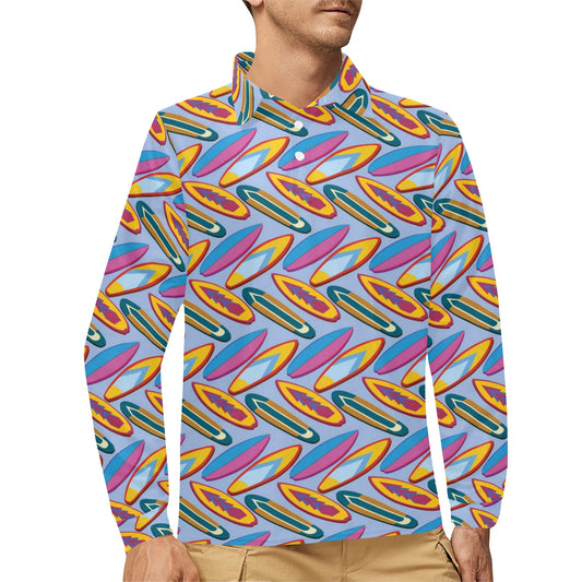Surfboard Pattern Print Design LKS303 Long Sleeve Polo Shirt For Men's