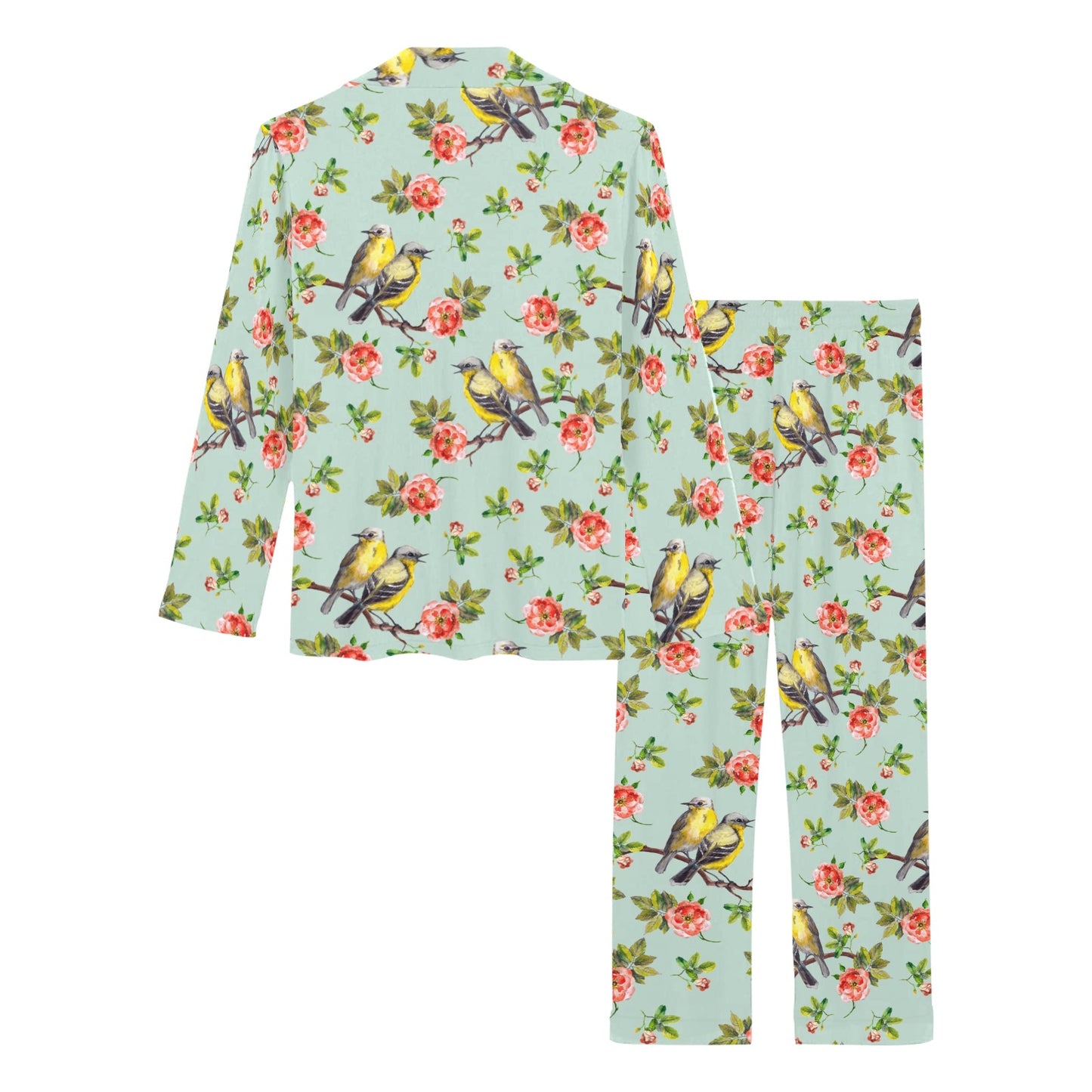 Bird with Red Flower Print Pattern Women's Long Pajama Set