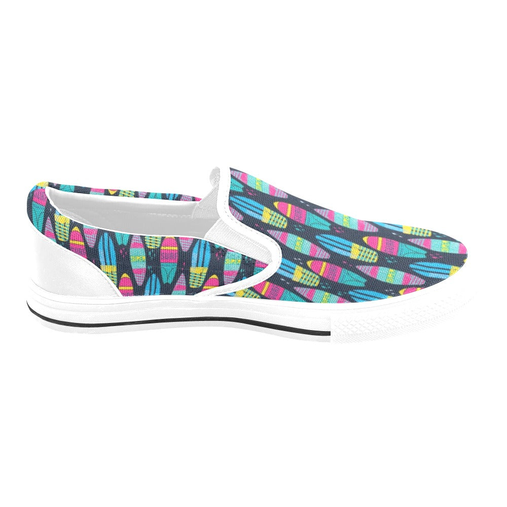 Surfboard Colorful Print Design LKS302 White Slip Ons Canvas Women's Shoes