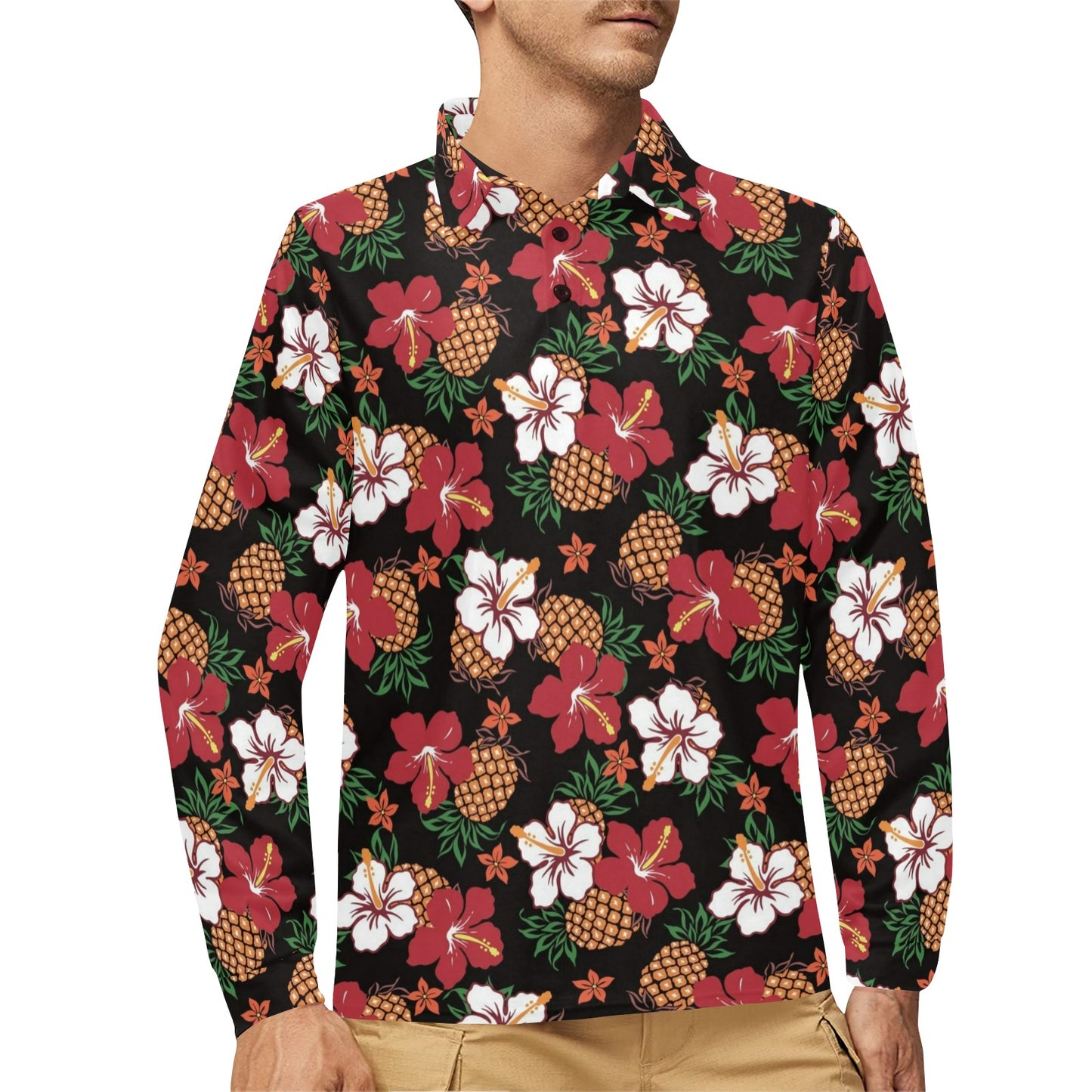 Hawaiian Themed Pattern Print Design H013 Long Sleeve Polo Shirt For Men's
