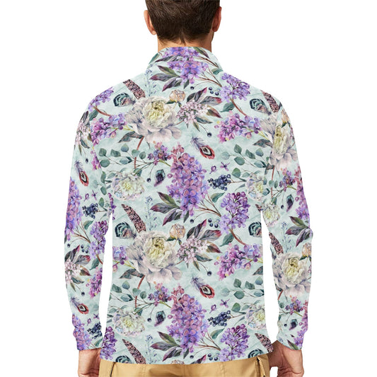Lilac Pattern Print Design LI06 Long Sleeve Polo Shirt For Men's