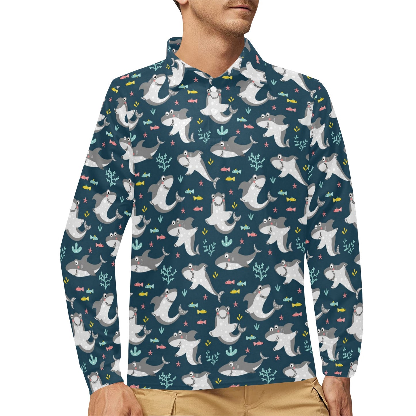 Shark Print Design LKS307 Long Sleeve Polo Shirt For Men's