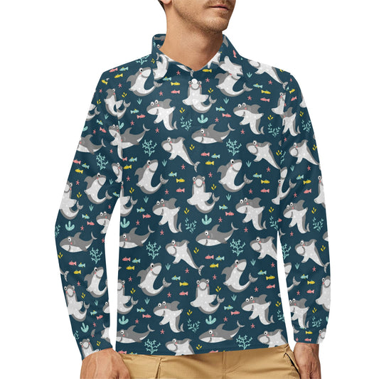 Shark Print Design LKS307 Long Sleeve Polo Shirt For Men's