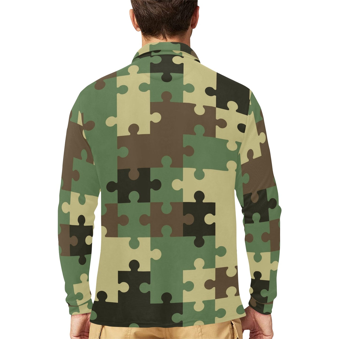 Puzzle Camo Pattern Print Design A03 Long Sleeve Polo Shirt For Men's
