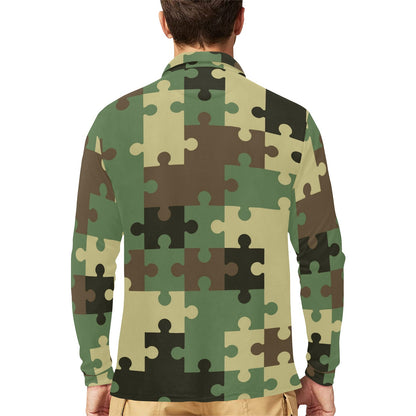 Puzzle Camo Pattern Print Design A03 Long Sleeve Polo Shirt For Men's