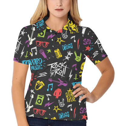 Rock and Roll Pattern Print Design A02 Women's Polo Shirt