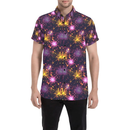 Firework Print Design LKS303 Men Short Sleeve Button Up Shirt