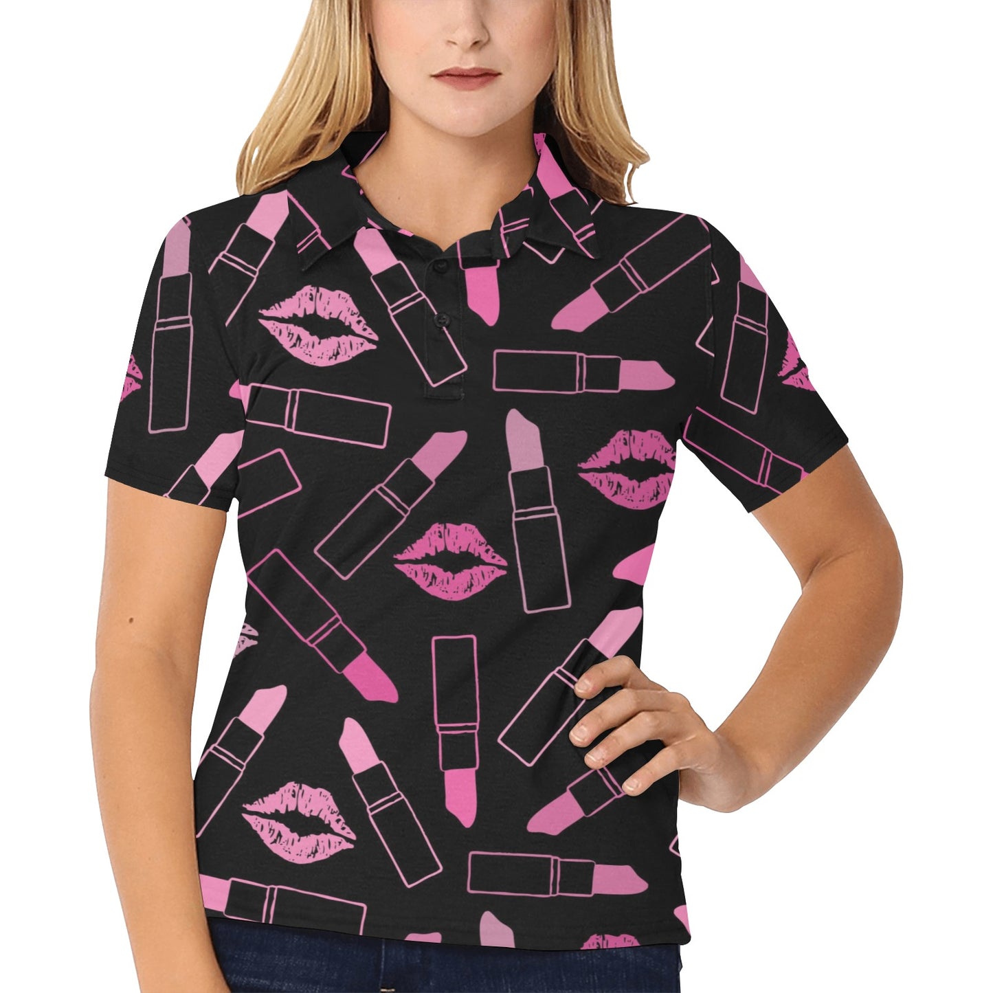 Lipstick Pink Pattern Print Design 01 Women's Polo Shirt