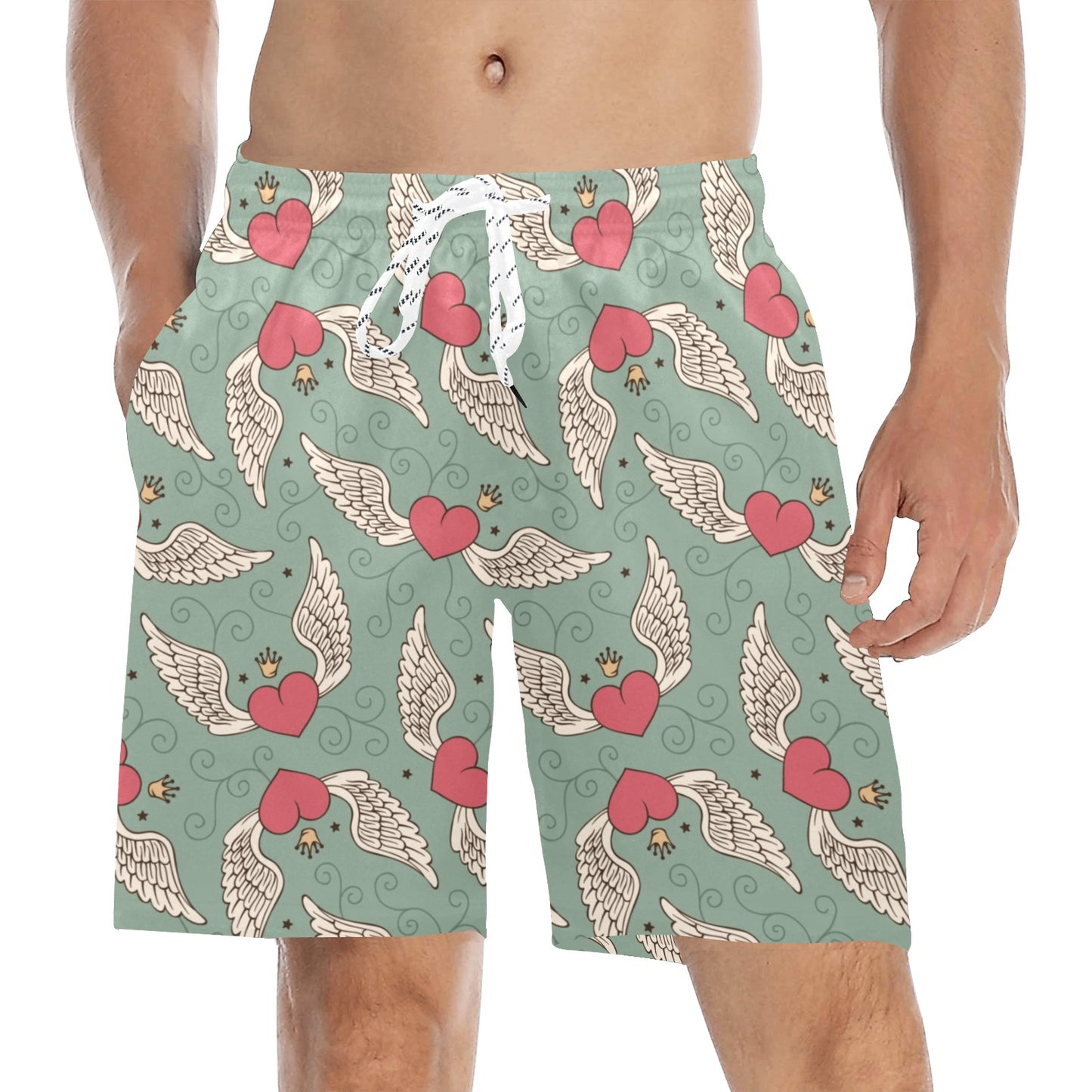 Angel Wings Heart Design Themed Print Men's Swim Trunks Beach Shorts