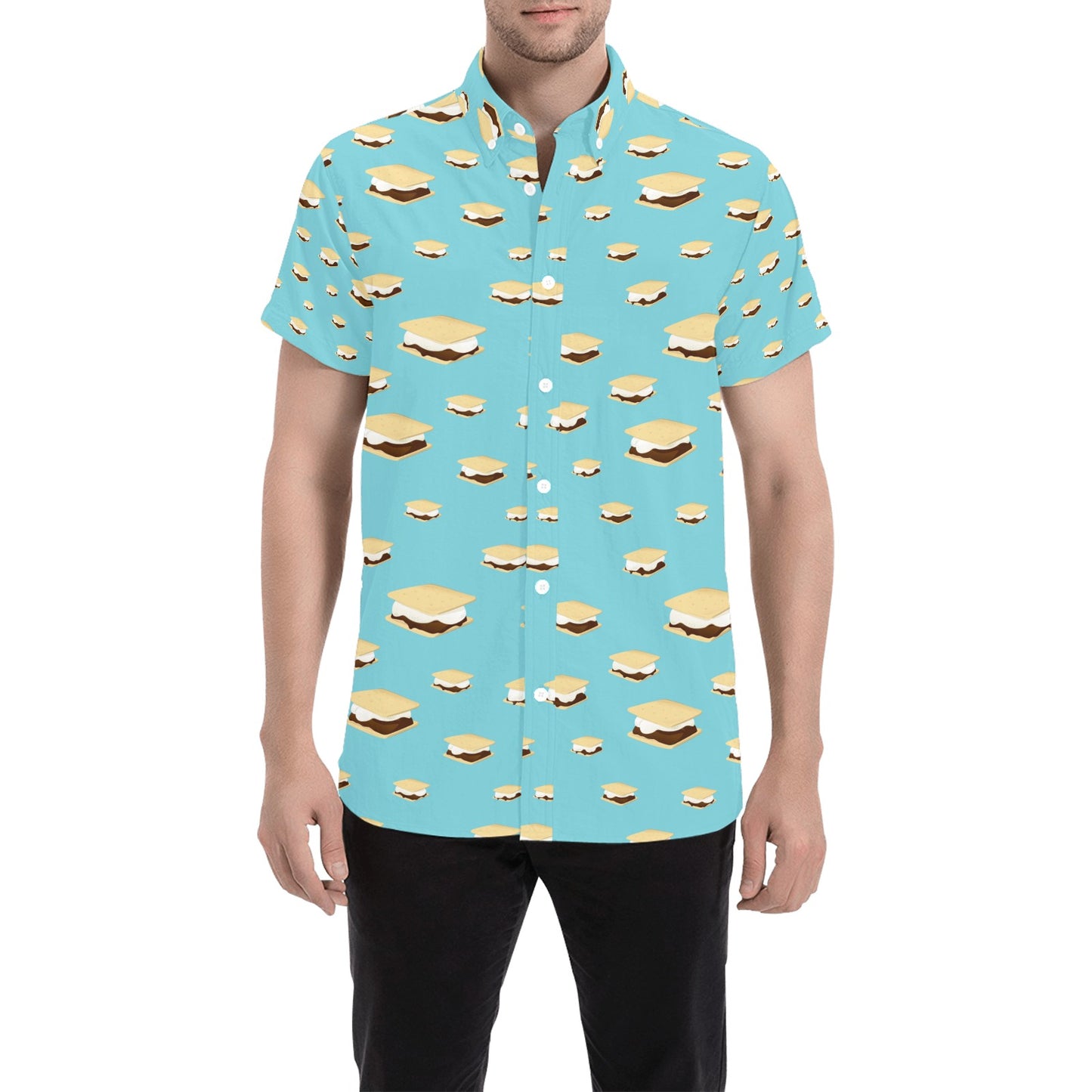 S_Mores Print Design LKS302 Men Short Sleeve Button Up Shirt