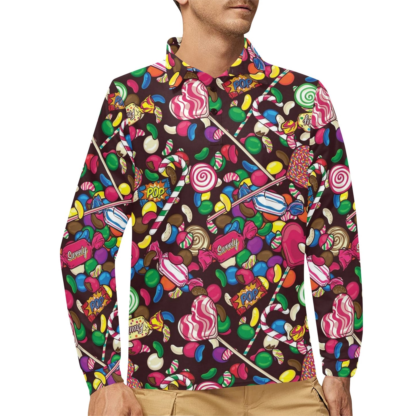 Candy Pattern Print Design CA02 Long Sleeve Polo Shirt For Men's