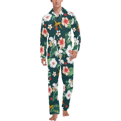 Hawaiian Flower Design with SeaTurtle Print Men's Long Pajama Set
