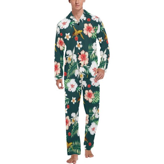 Hawaiian Flower Design with SeaTurtle Print Men's Long Pajama Set