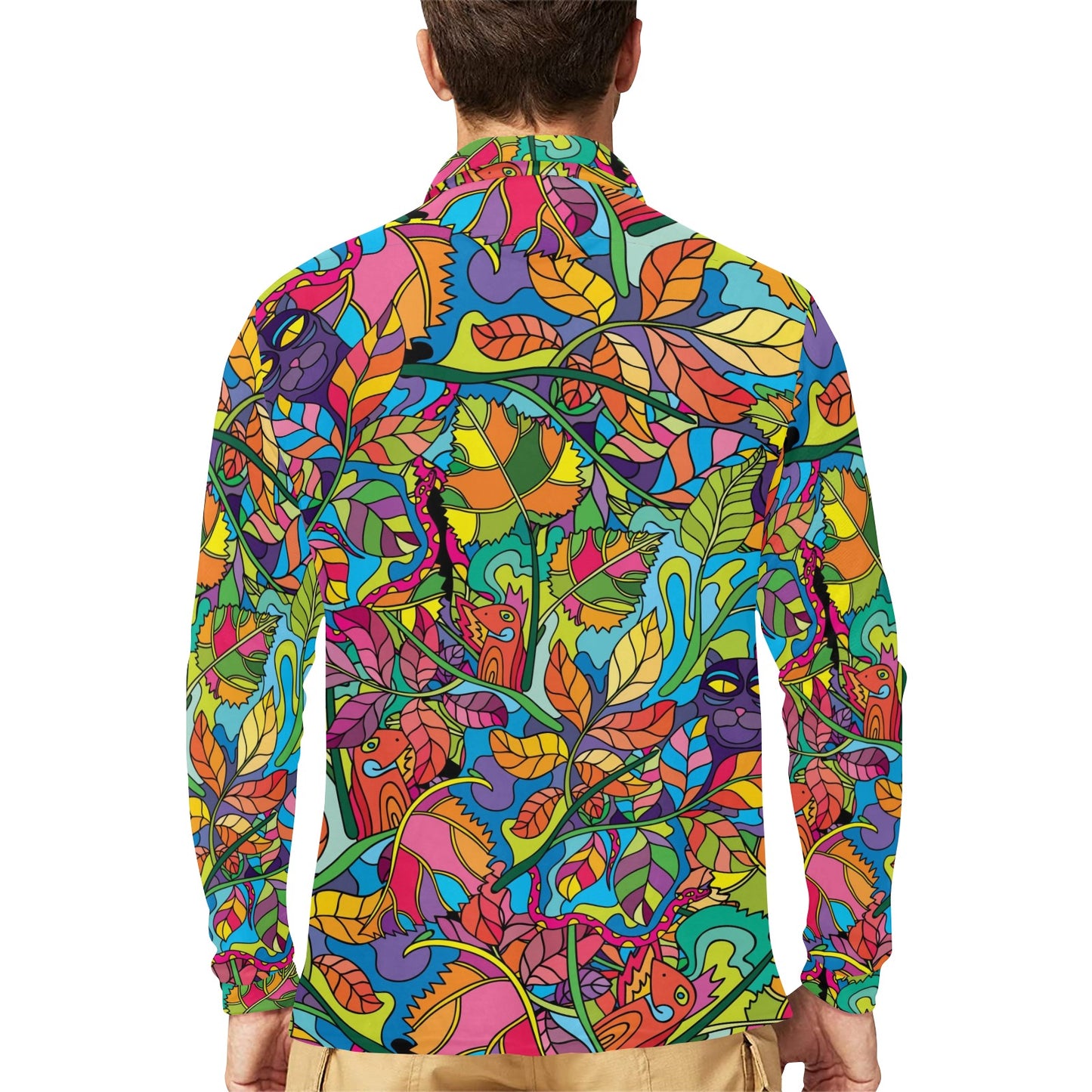 Psychedelic Trippy Flower Print Long Sleeve Polo Shirt For Men's