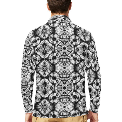 Tie Dye Black White Design Print Long Sleeve Polo Shirt For Men's