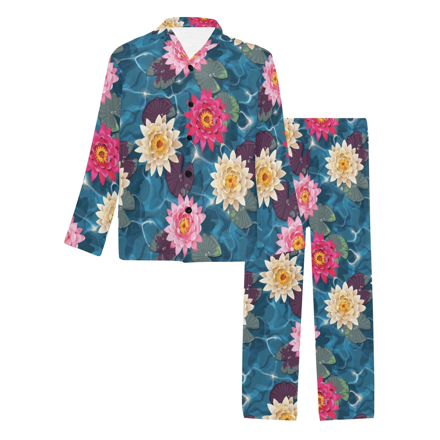 Water Lily Pattern Print Design WL05 Men's Long Pajama Set