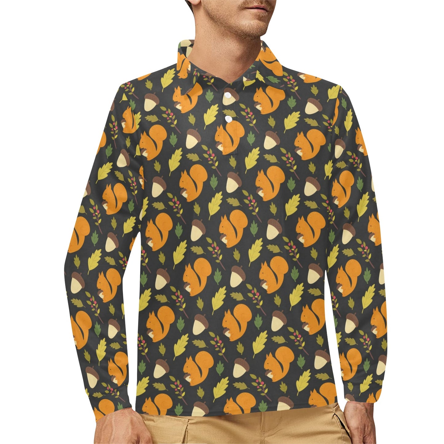 Squirrel Print Design LKS301 Long Sleeve Polo Shirt For Men's