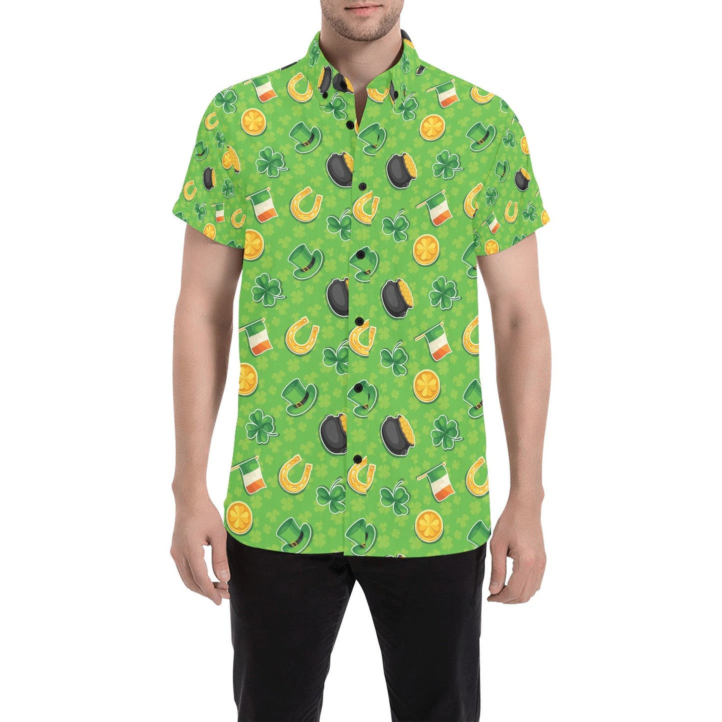 Shamrock Saint Patrick's Day Print Design LKS302 Men Short Sleeve Button Up Shirt