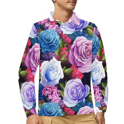 Rose Pattern Print Design RO09 Long Sleeve Polo Shirt For Men's