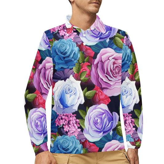 Rose Pattern Print Design RO09 Long Sleeve Polo Shirt For Men's