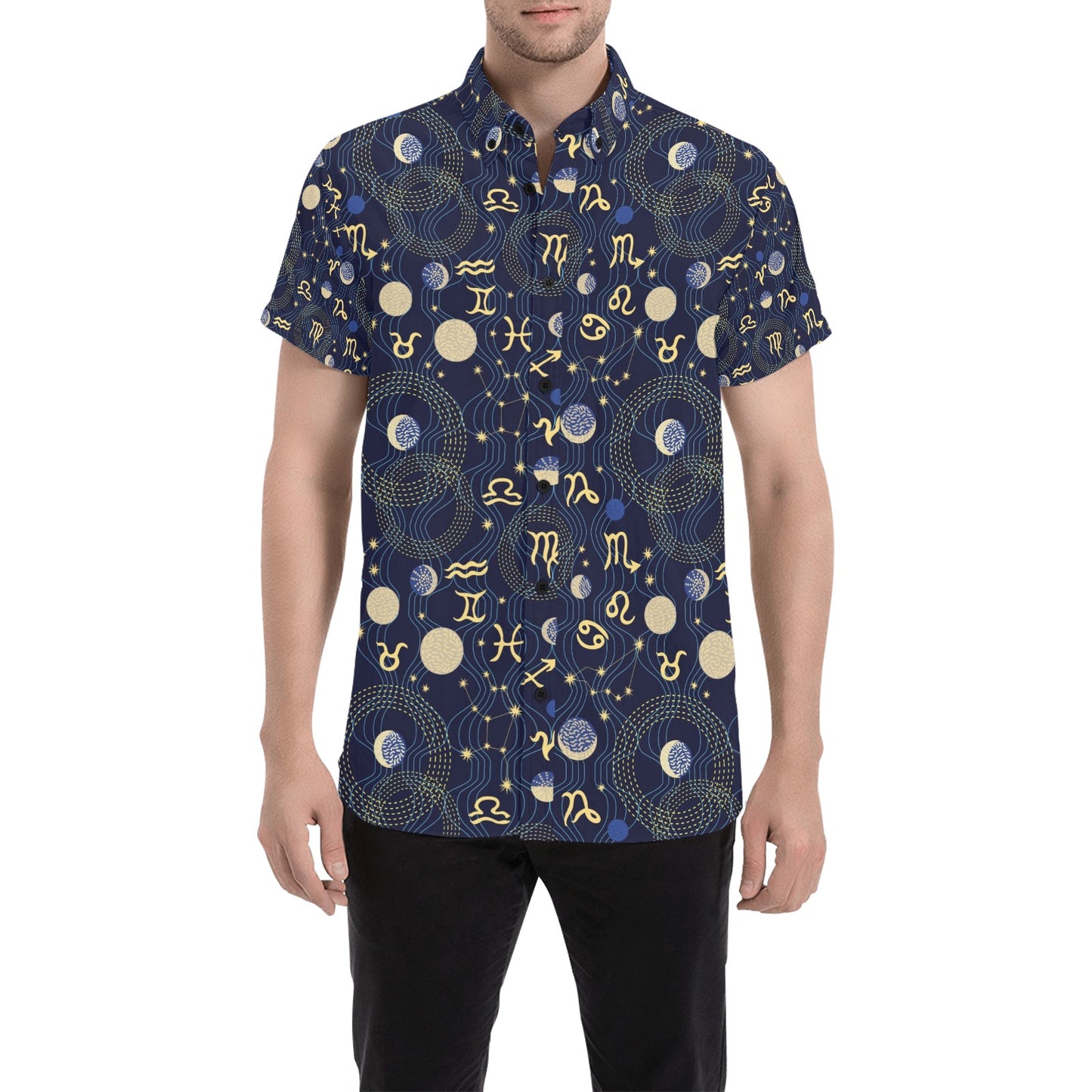 Zodiac Print Design LKS302 Men Short Sleeve Button Up Shirt