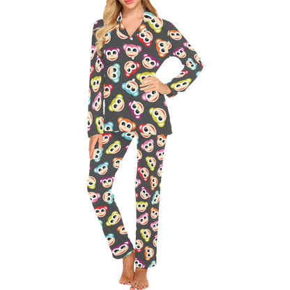 Monkey Head Design Themed Print Women's Long Pajama Set