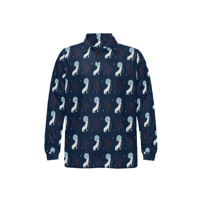 Wolf Moon Print Design LKS304 Long Sleeve Polo Shirt For Men's