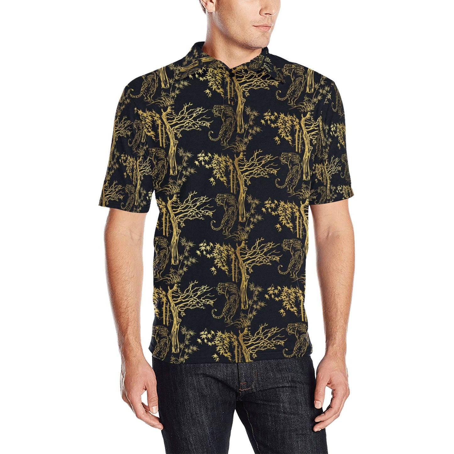 Tiger Gold Print Design LKS307 Men Polo Shirt