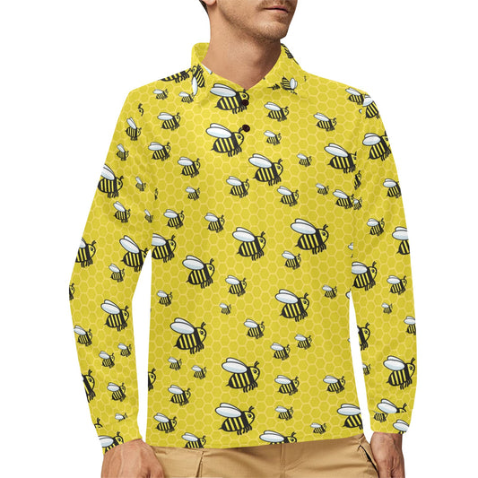 Bee Cute Print Design LKS308 Long Sleeve Polo Shirt For Men's