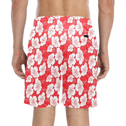 Flower Hawaiian Hibiscus Red Background Print Men's Swim Trunks Beach Shorts