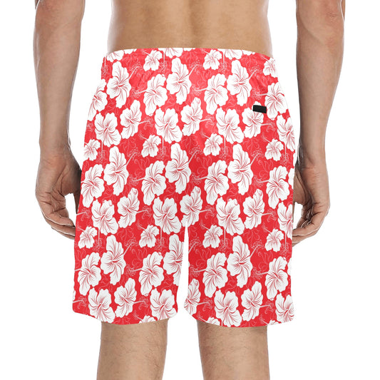Flower Hawaiian Hibiscus Red Background Print Men's Swim Trunks Beach Shorts