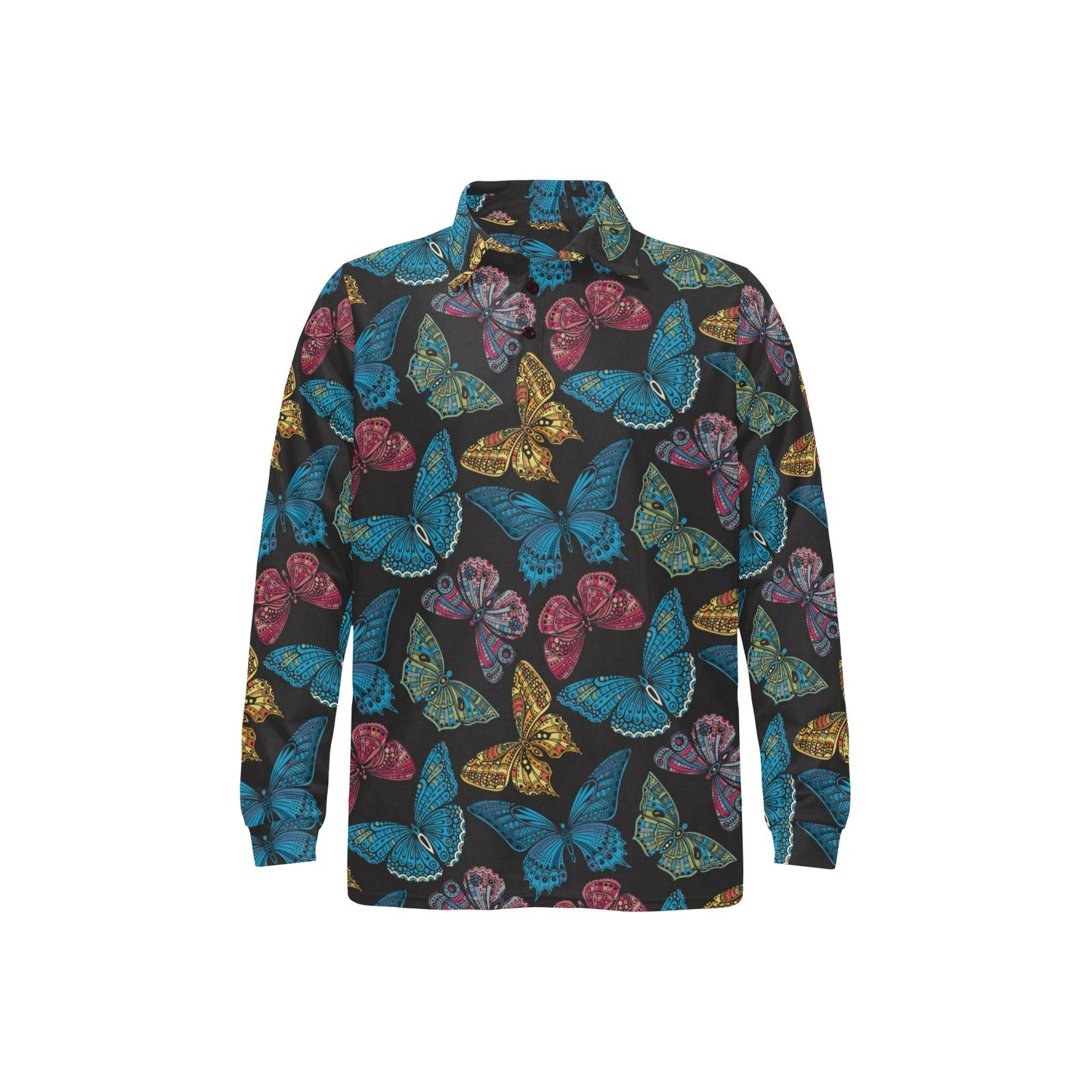 Butterfly Mandala Style Long Sleeve Polo Shirt For Men's