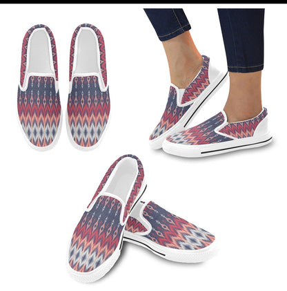 Ikat Print Design LKS401 White Slip Ons Canvas Women's Shoes