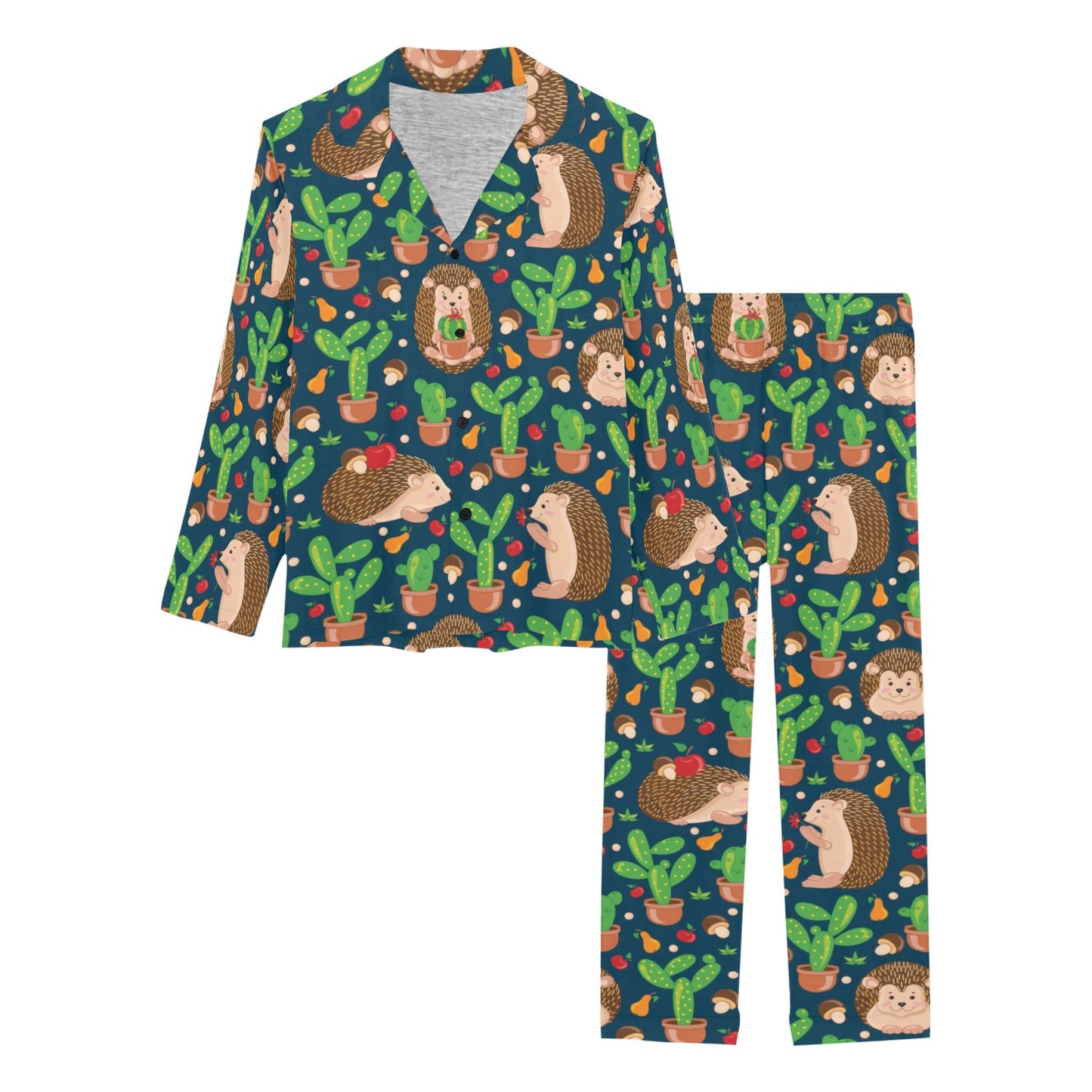 Hedgehog Cactus Pattern Print Design 04 Women's Long Pajama Set