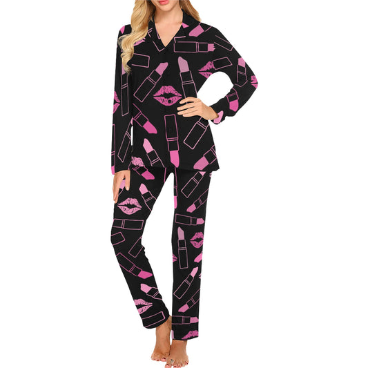 Lipstick Pink Pattern Print Design 01 Women's Long Pajama Set