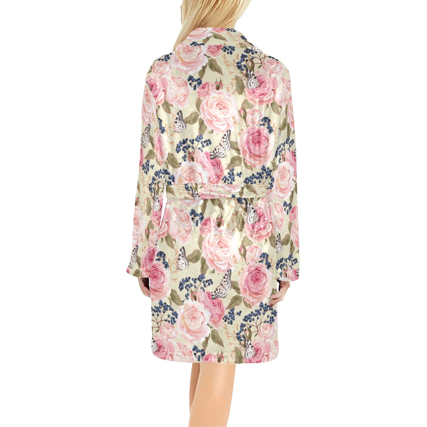 Floral Pink Butterfly Print Women's Fleece Robe